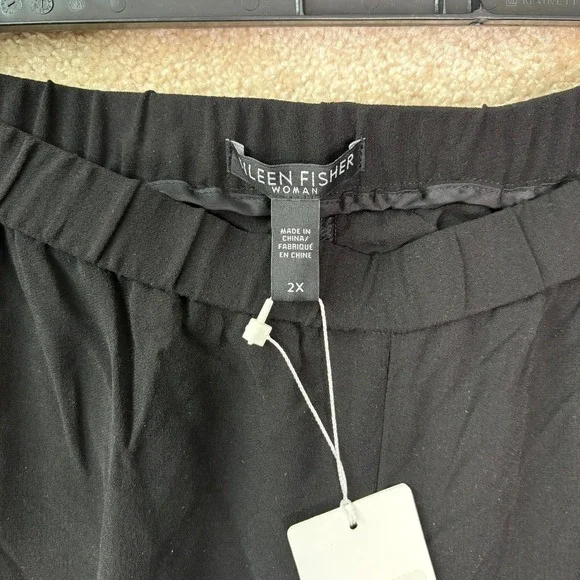 NWT EILEEN FISHER Silk Tapered Pants Women's 2X Black Side Slit Pull On Stretch
